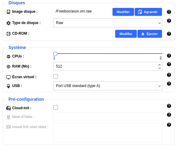 Capture d'écran du menu de configuration de la VM
